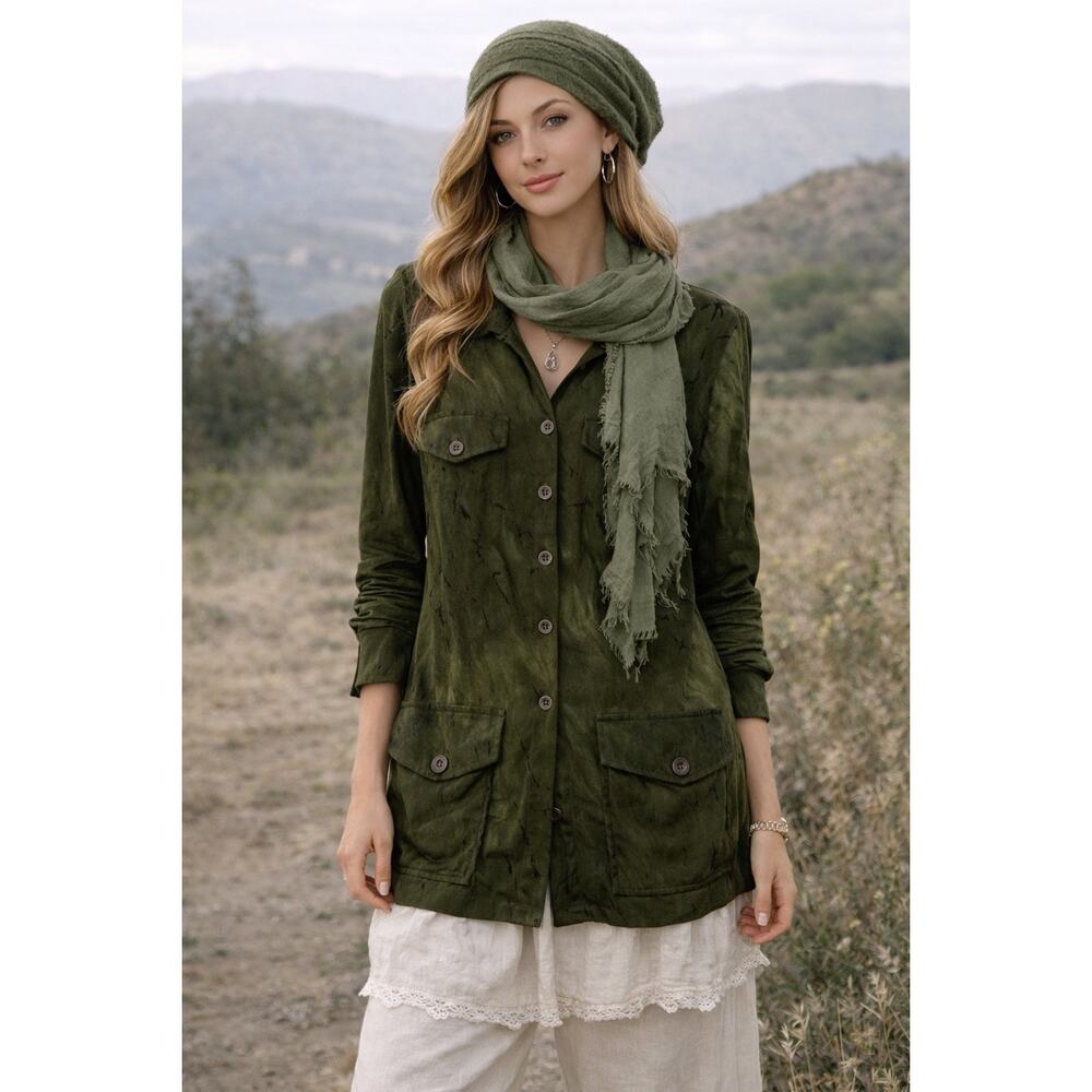 PETIT POIS Viviana G Mesh Safari Shirt Small Dark Green Long Sleeve Button Up